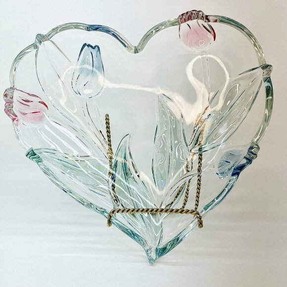 Mikasa Tivoli Crystal Serving Tray Heart Shaped W Blue Red Tulips Germany 9.5" - Picture 3 of 11